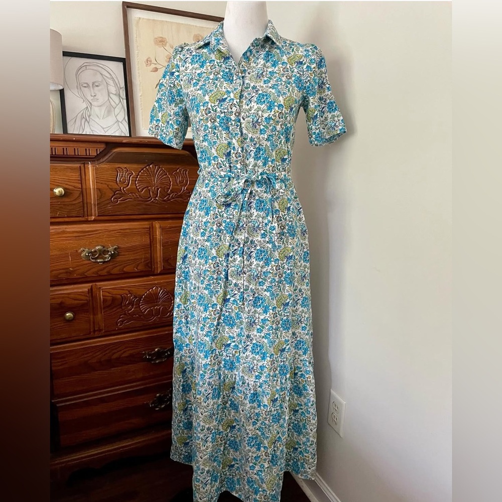 LOFT Blue and Green Floral Peacock Dress